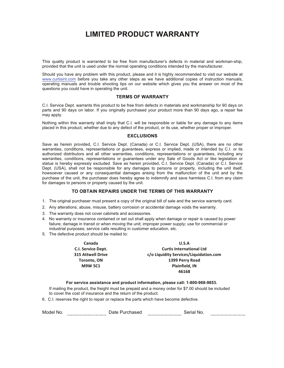 Limited product warranty | Curtis SKAR122BT User Manual | Page 12 / 12