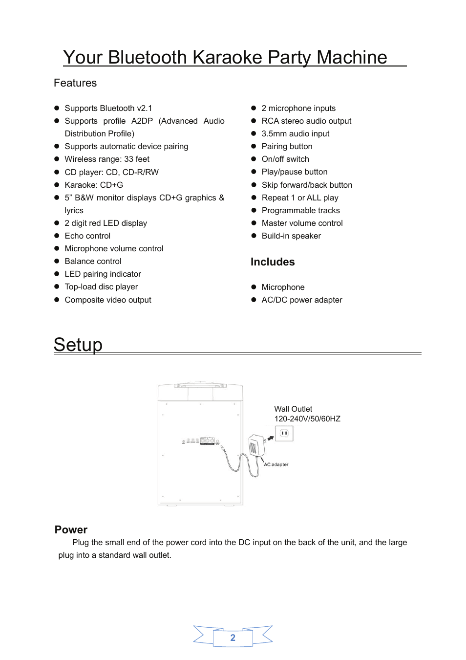 Your bluetooth karaoke party machine, Setup, Features | Includes, Power | Curtis SKAR122BT User Manual | Page 3 / 12