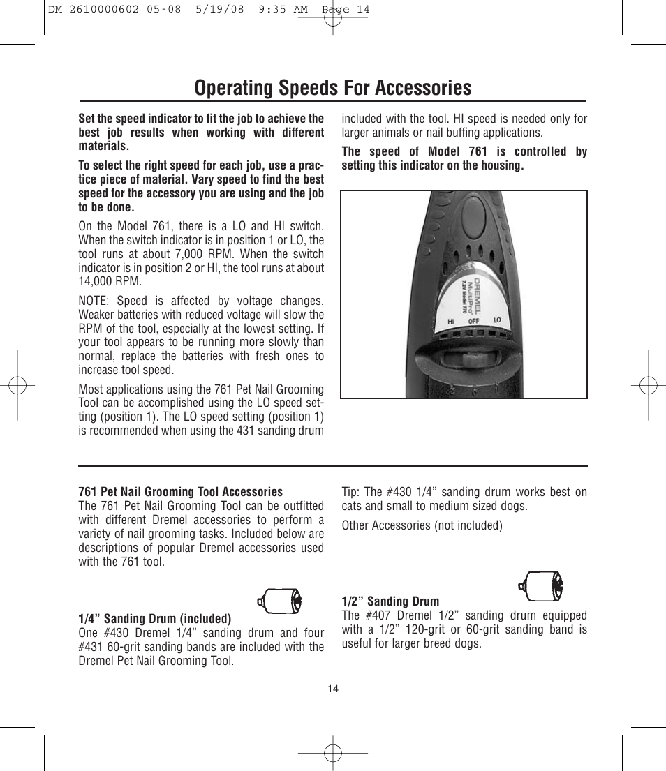 Operating speeds for accessories | Dremel DM 2610000602 761 User Manual | Page 14 / 48