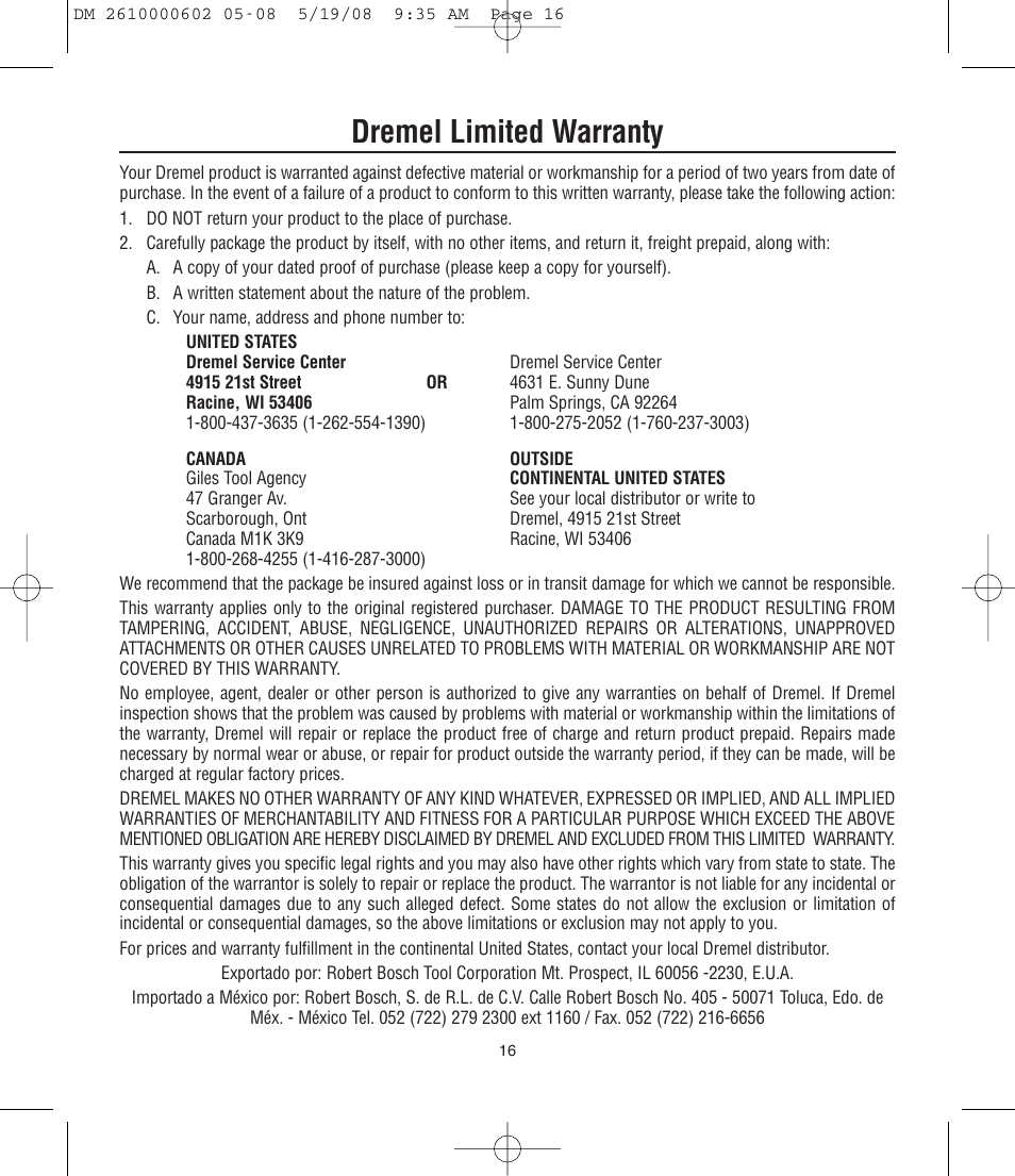 Dremel limited warranty | Dremel DM 2610000602 761 User Manual | Page 16 / 48
