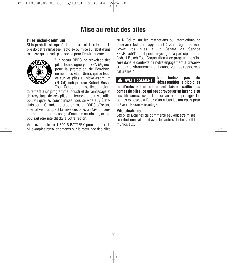 Mise au rebut des piles | Dremel DM 2610000602 761 User Manual | Page 20 / 48