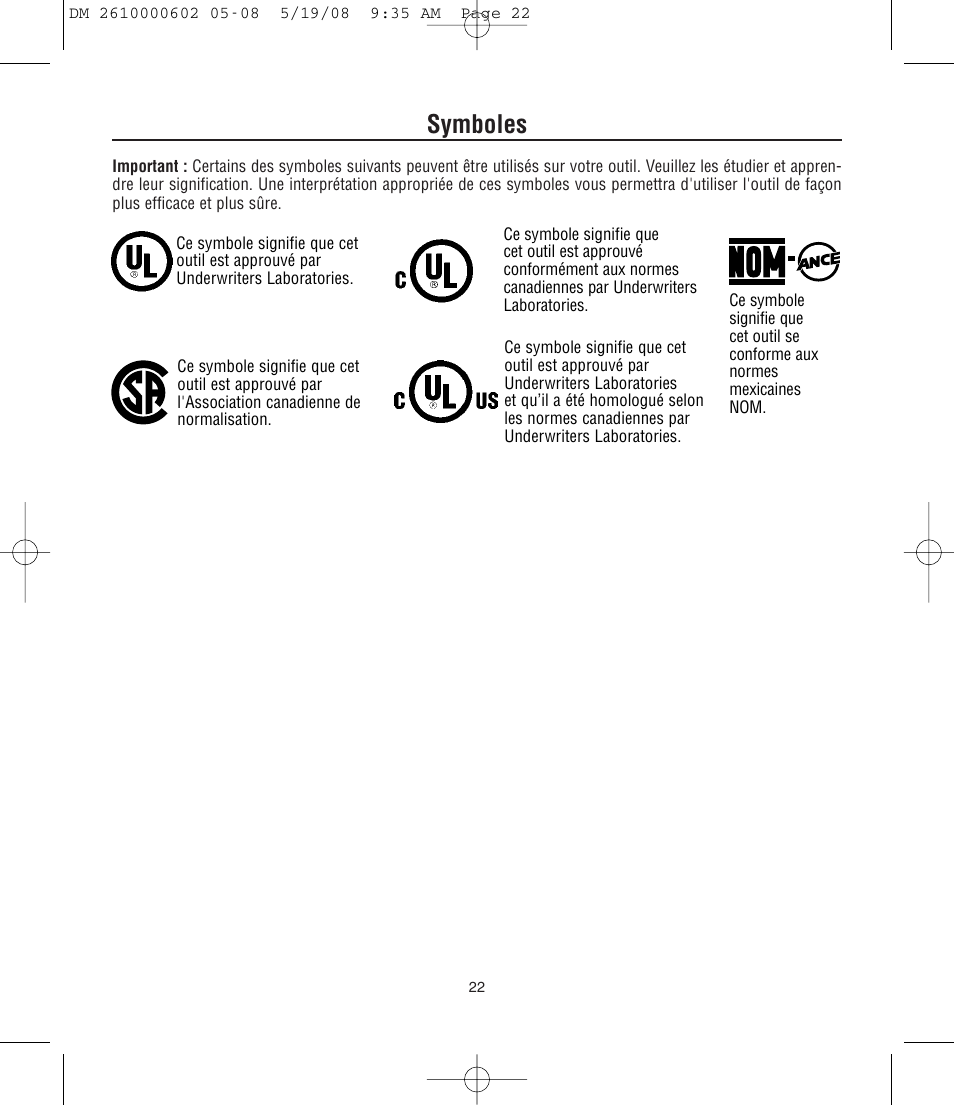 Symboles | Dremel DM 2610000602 761 User Manual | Page 22 / 48