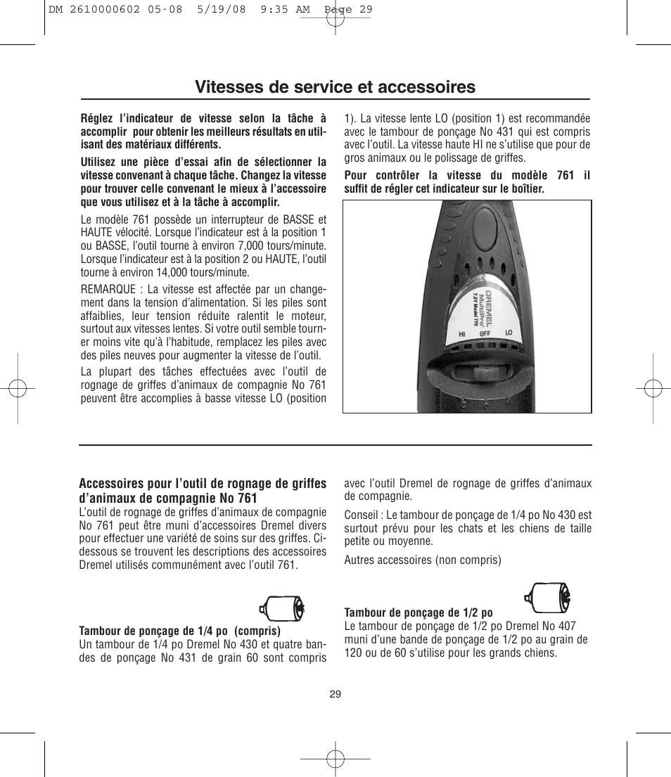 Vitesses de service et accessoires | Dremel DM 2610000602 761 User Manual | Page 29 / 48