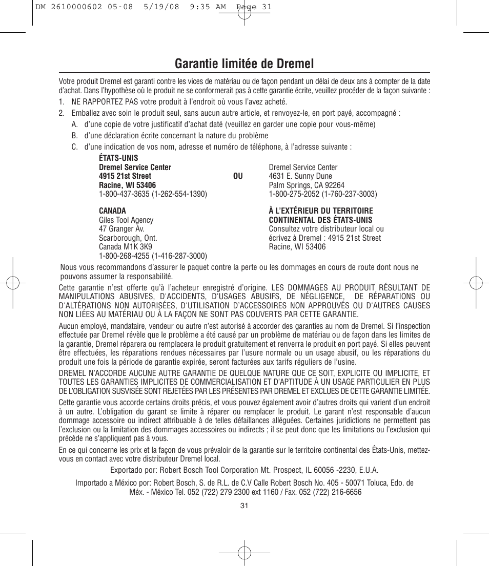 Garantie limitée de dremel | Dremel DM 2610000602 761 User Manual | Page 31 / 48