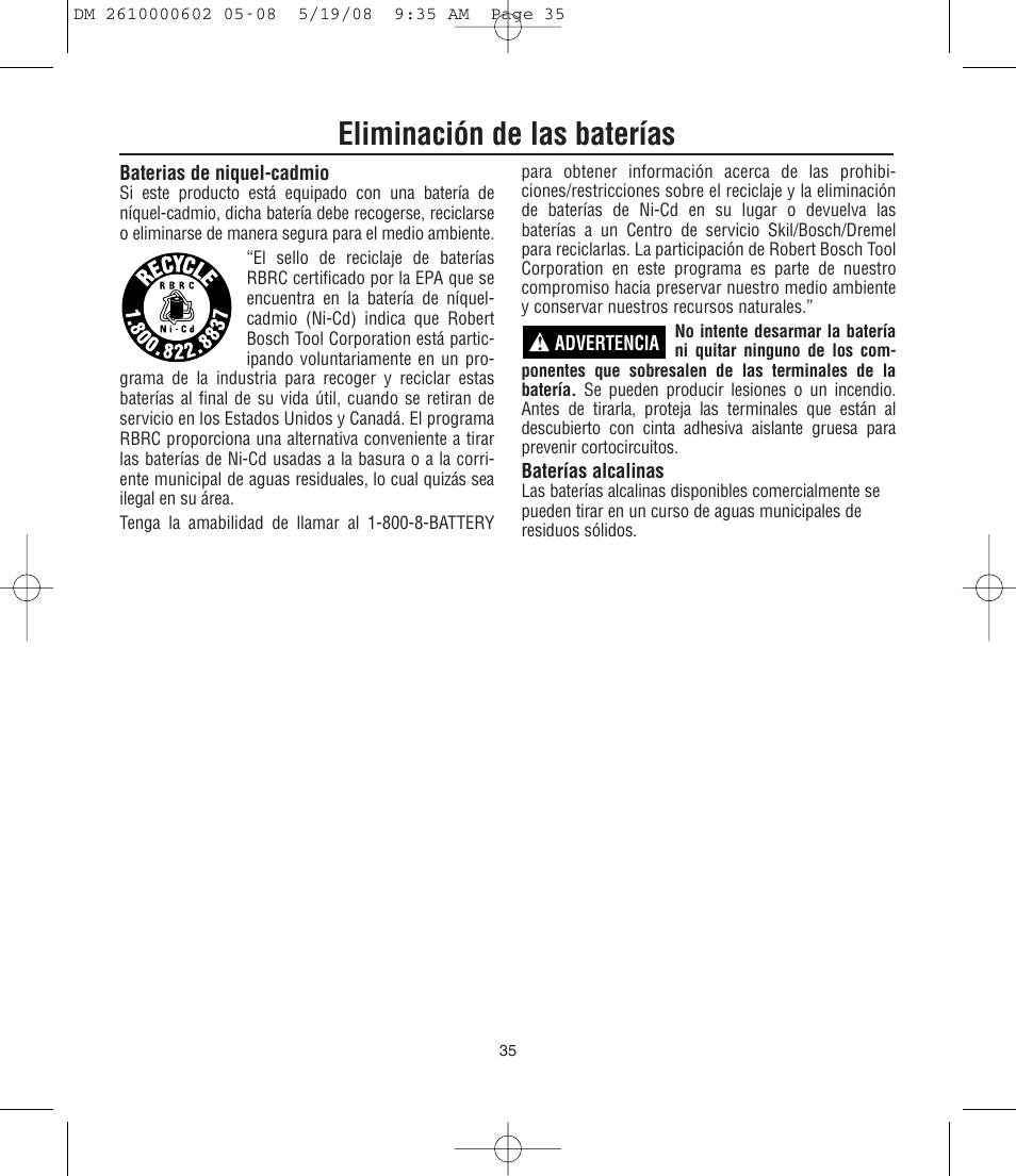 Eliminación de las baterías | Dremel DM 2610000602 761 User Manual | Page 35 / 48
