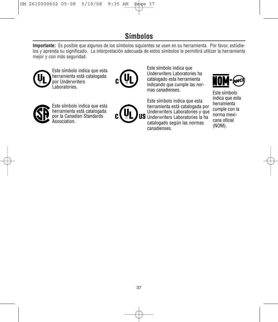 Símbolos | Dremel DM 2610000602 761 User Manual | Page 37 / 48