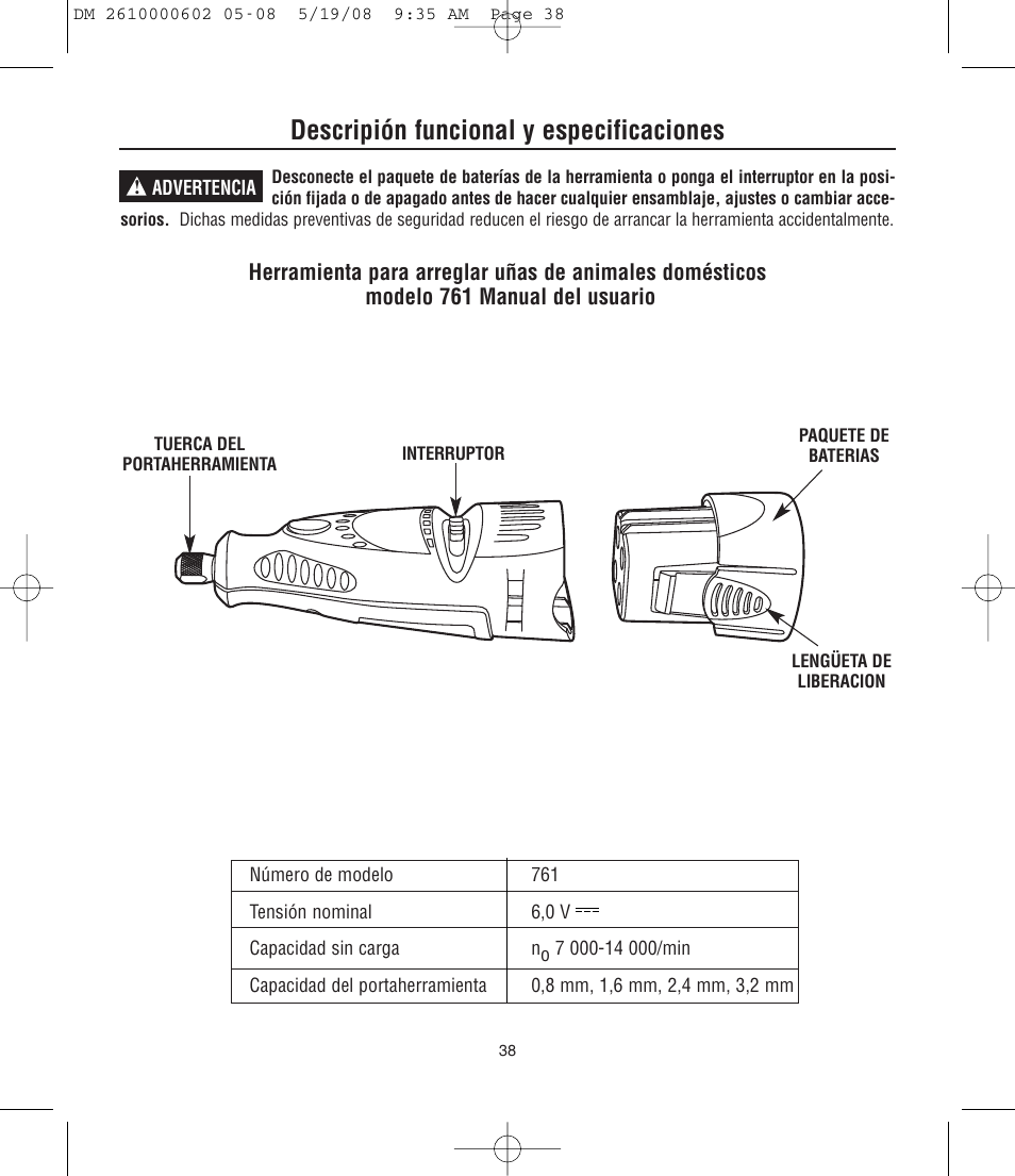 Descripión funcional y especificaciones | Dremel DM 2610000602 761 User Manual | Page 38 / 48