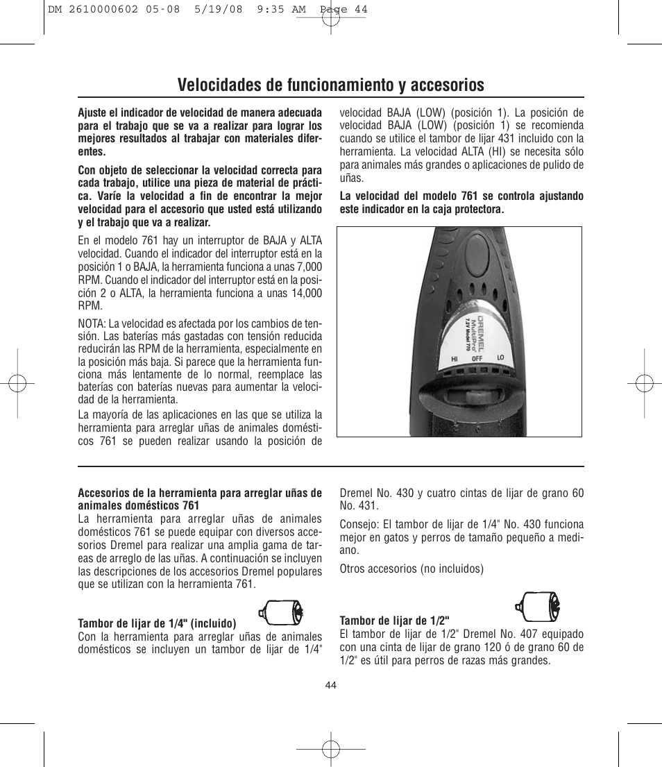 Velocidades de funcionamiento y accesorios | Dremel DM 2610000602 761 User Manual | Page 44 / 48