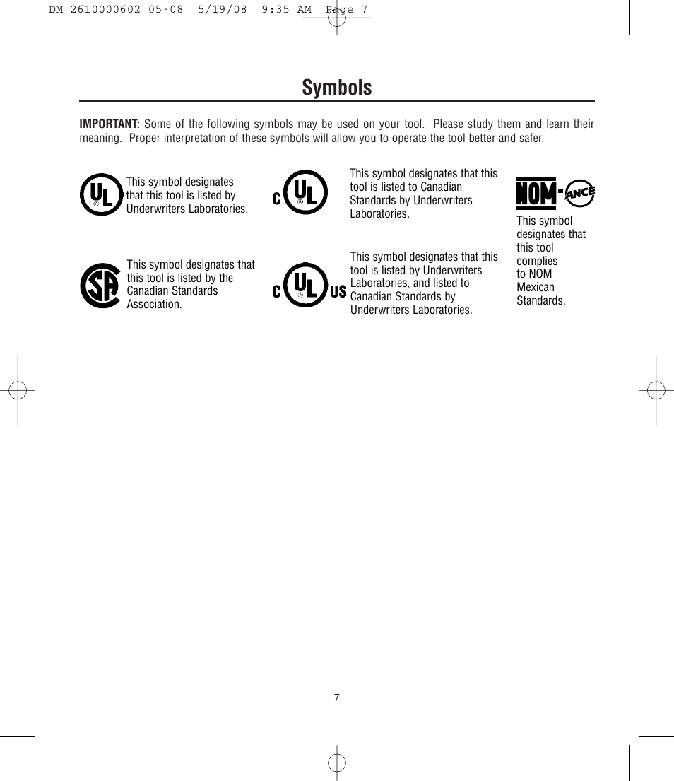 Symbols | Dremel DM 2610000602 761 User Manual | Page 7 / 48