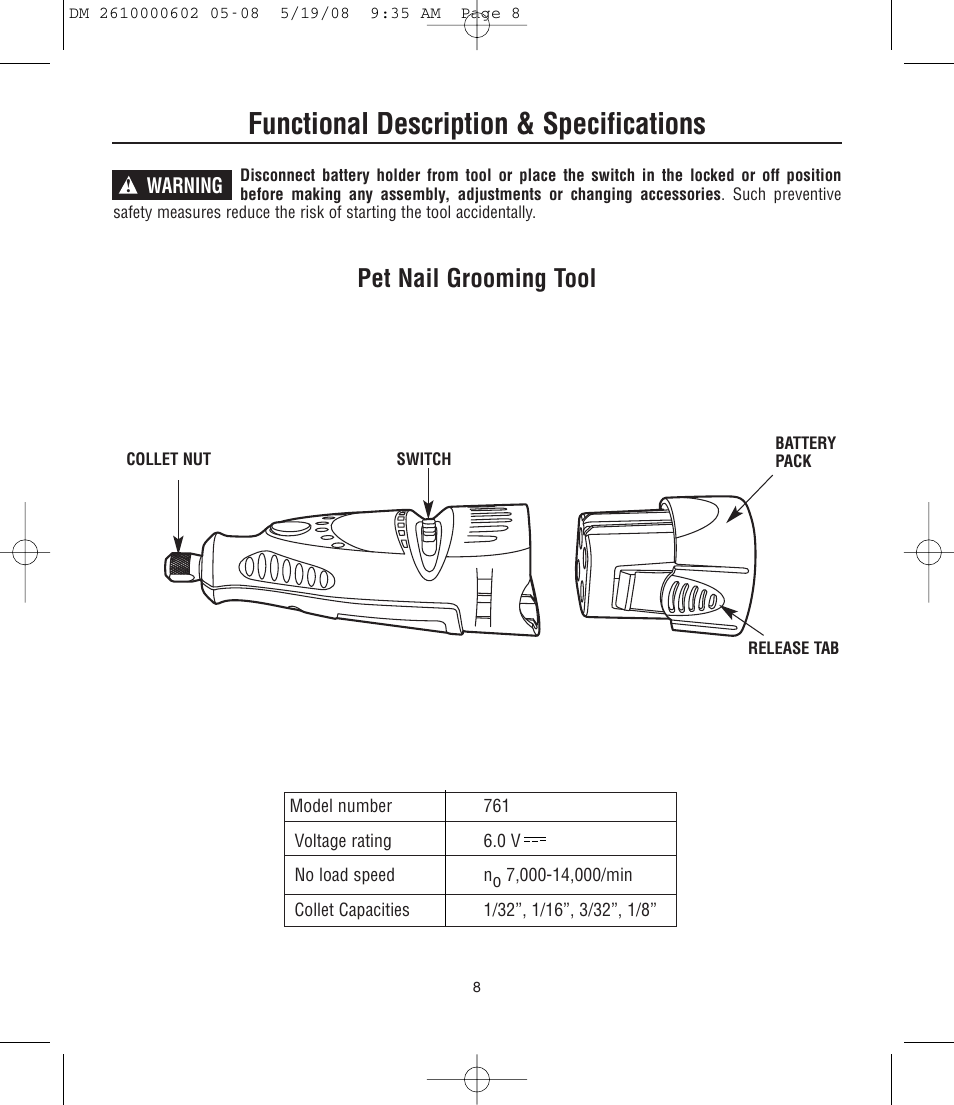 Functional description & specifications, Pet nail grooming tool | Dremel DM 2610000602 761 User Manual | Page 8 / 48