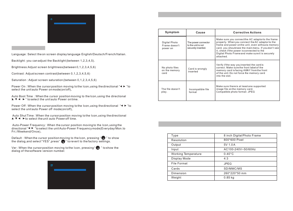 Ò³ãæ 6, Troubleshooting, Specifications | Curtis SDPF808 User Manual | Page 6 / 6
