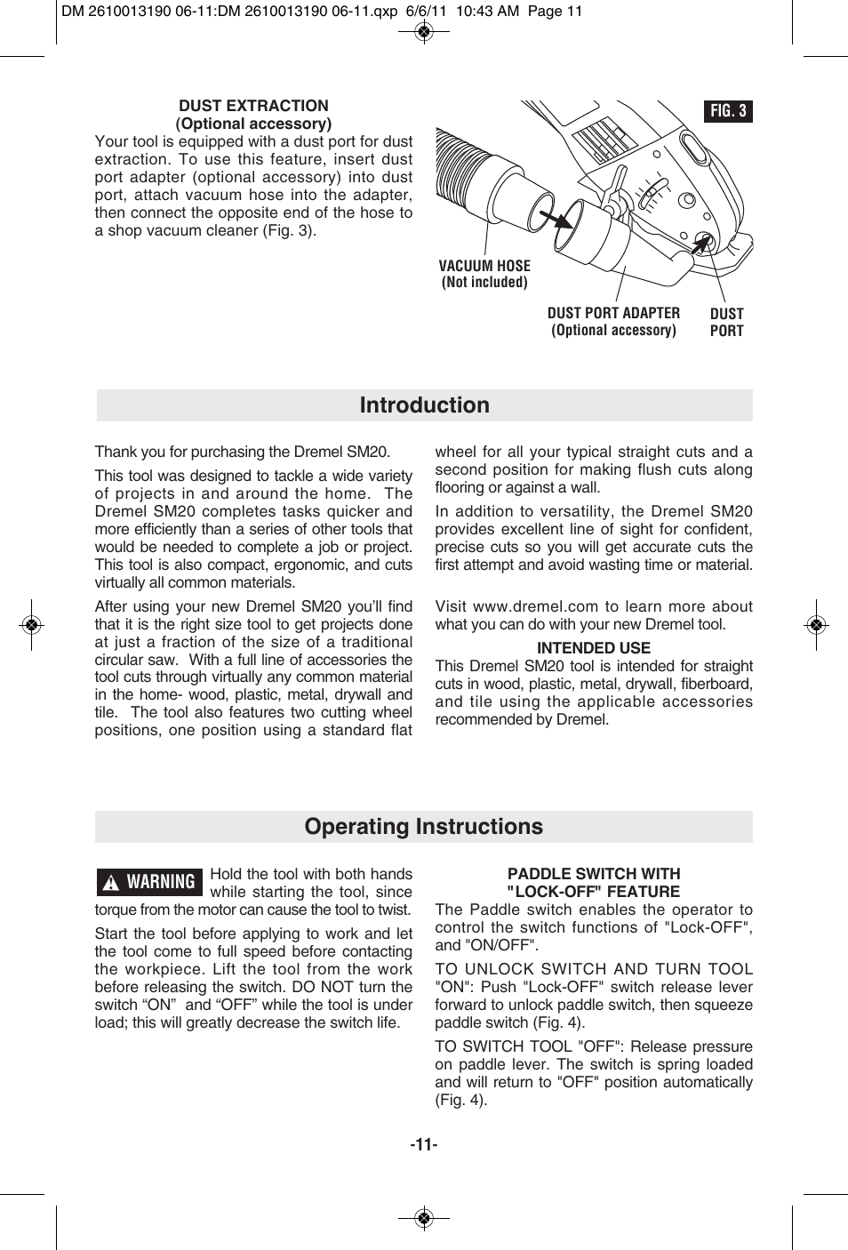 Introduction, Operating instructions | Dremel SM20 User Manual | Page 11 / 60