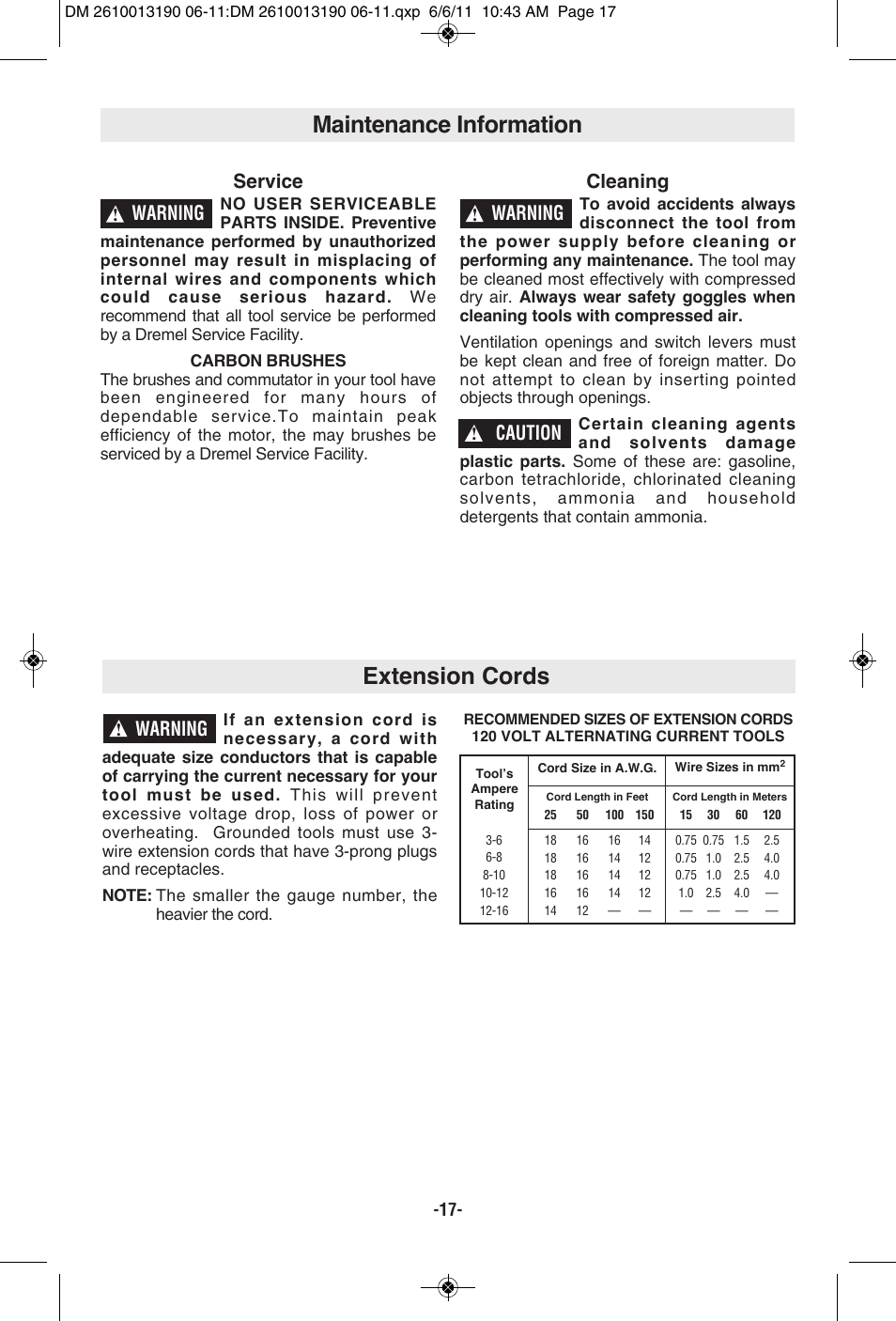 Extension cords, Maintenance information, Warning | Service, Cleaning, Caution | Dremel SM20 User Manual | Page 17 / 60