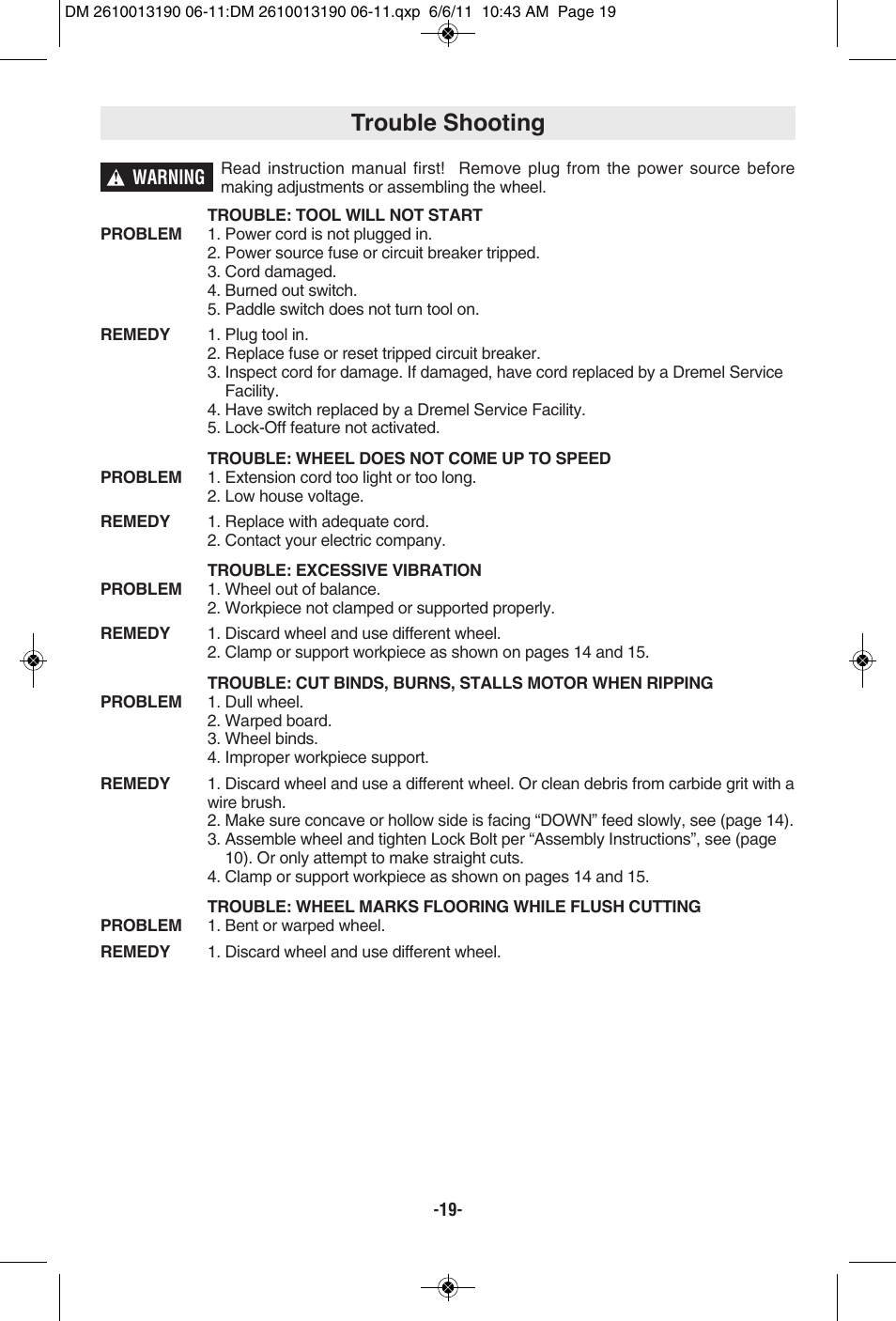 Trouble shooting | Dremel SM20 User Manual | Page 19 / 60