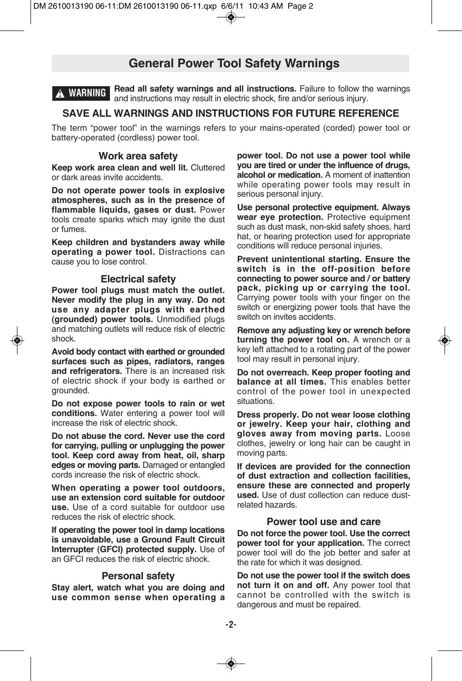 General power tool safety warnings | Dremel SM20 User Manual | Page 2 / 60