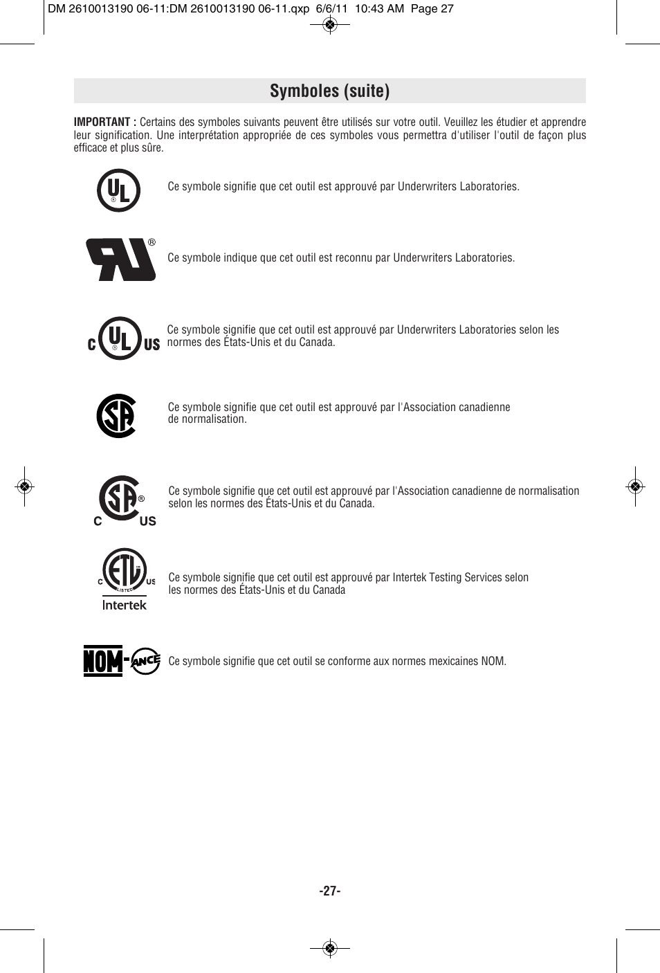 Symboles (suite) | Dremel SM20 User Manual | Page 27 / 60