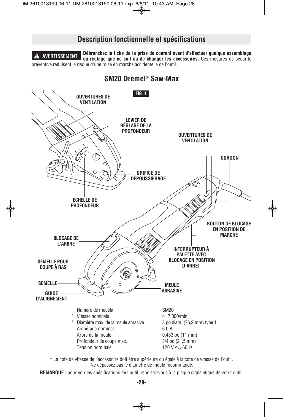 Description fonctionnelle et spécifications, Sm20 dremel, Saw-max | Dremel SM20 User Manual | Page 28 / 60