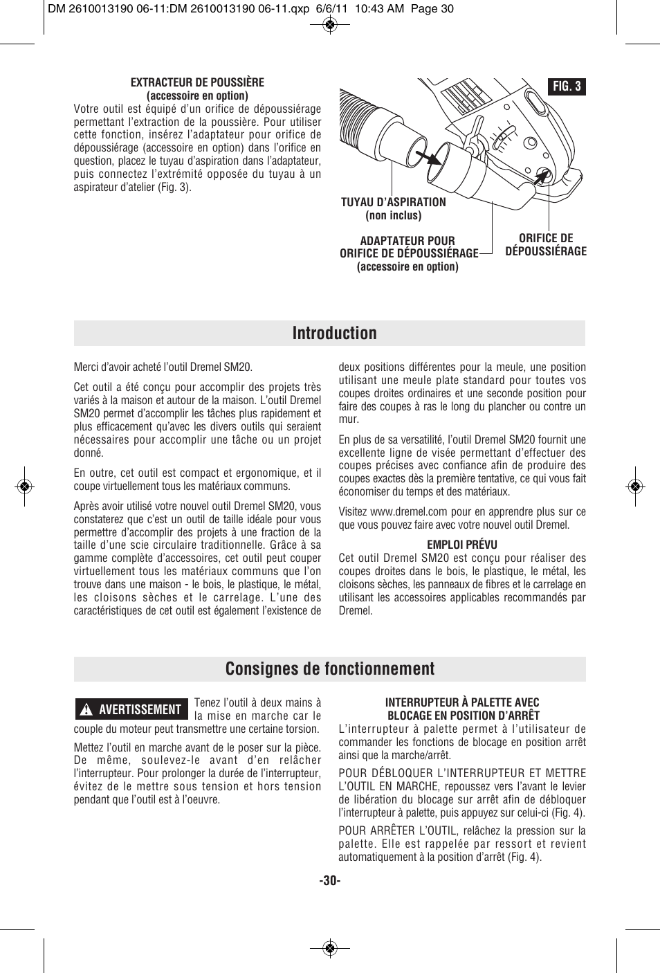 Consignes de fonctionnement, Introduction | Dremel SM20 User Manual | Page 30 / 60