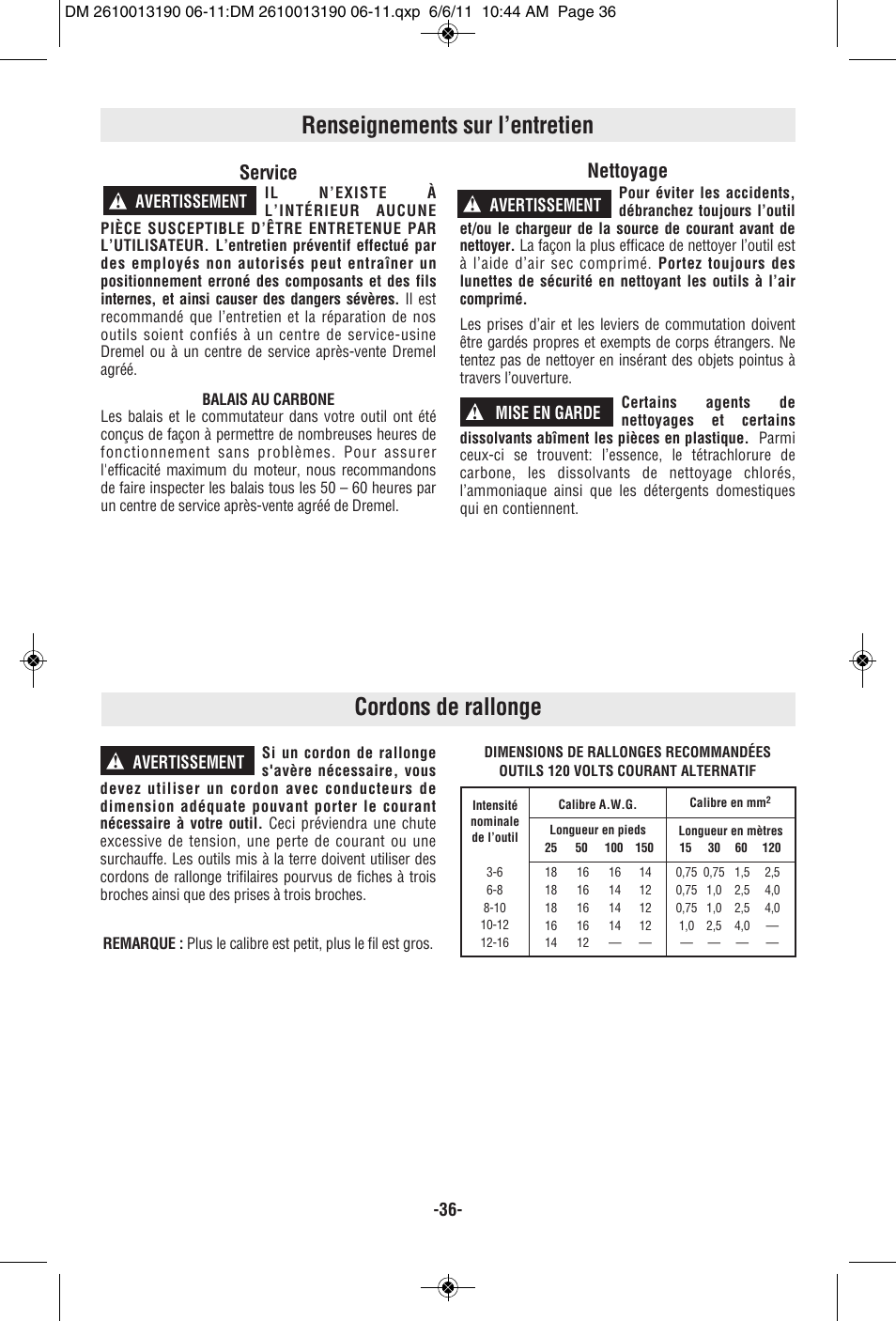 Renseignements sur l’entretien, Cordons de rallonge, Service | Nettoyage | Dremel SM20 User Manual | Page 36 / 60