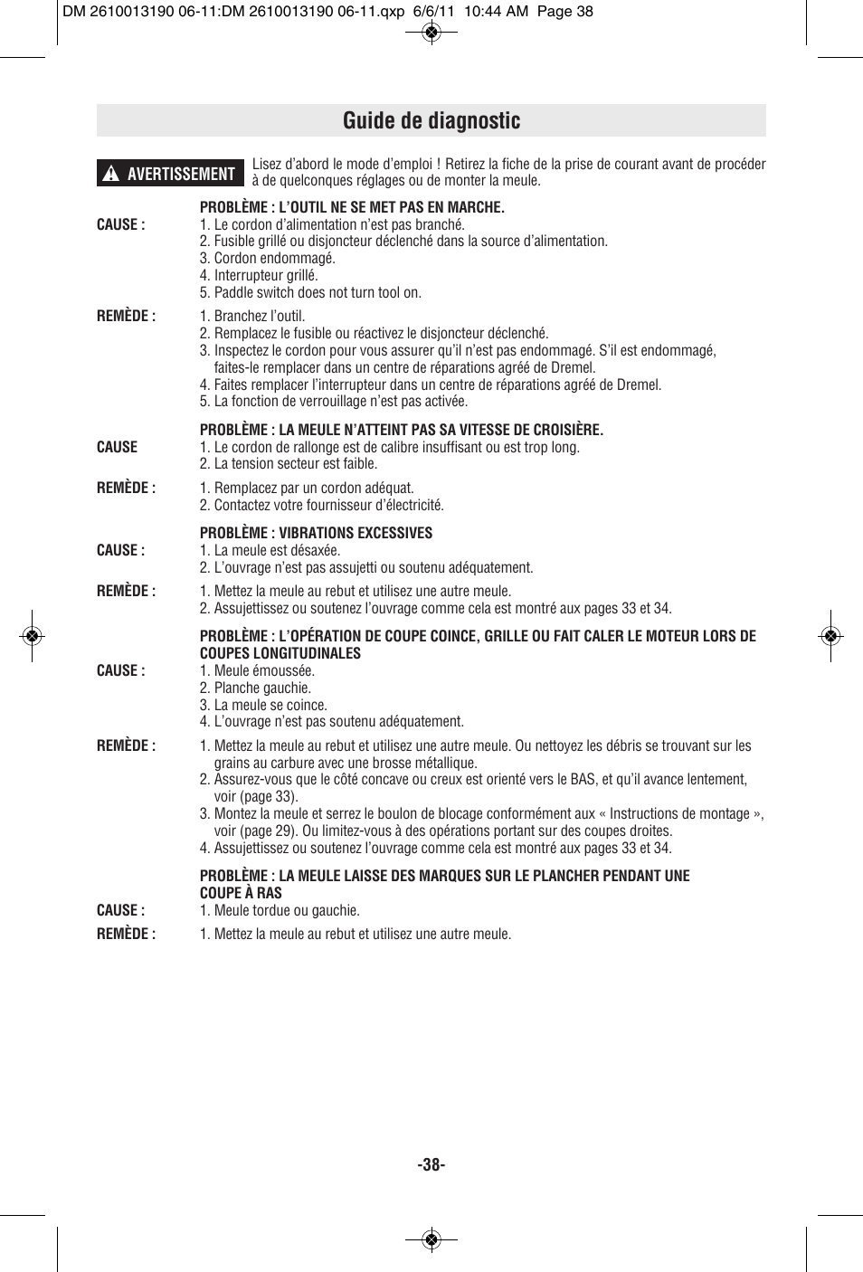 Guide de diagnostic | Dremel SM20 User Manual | Page 38 / 60