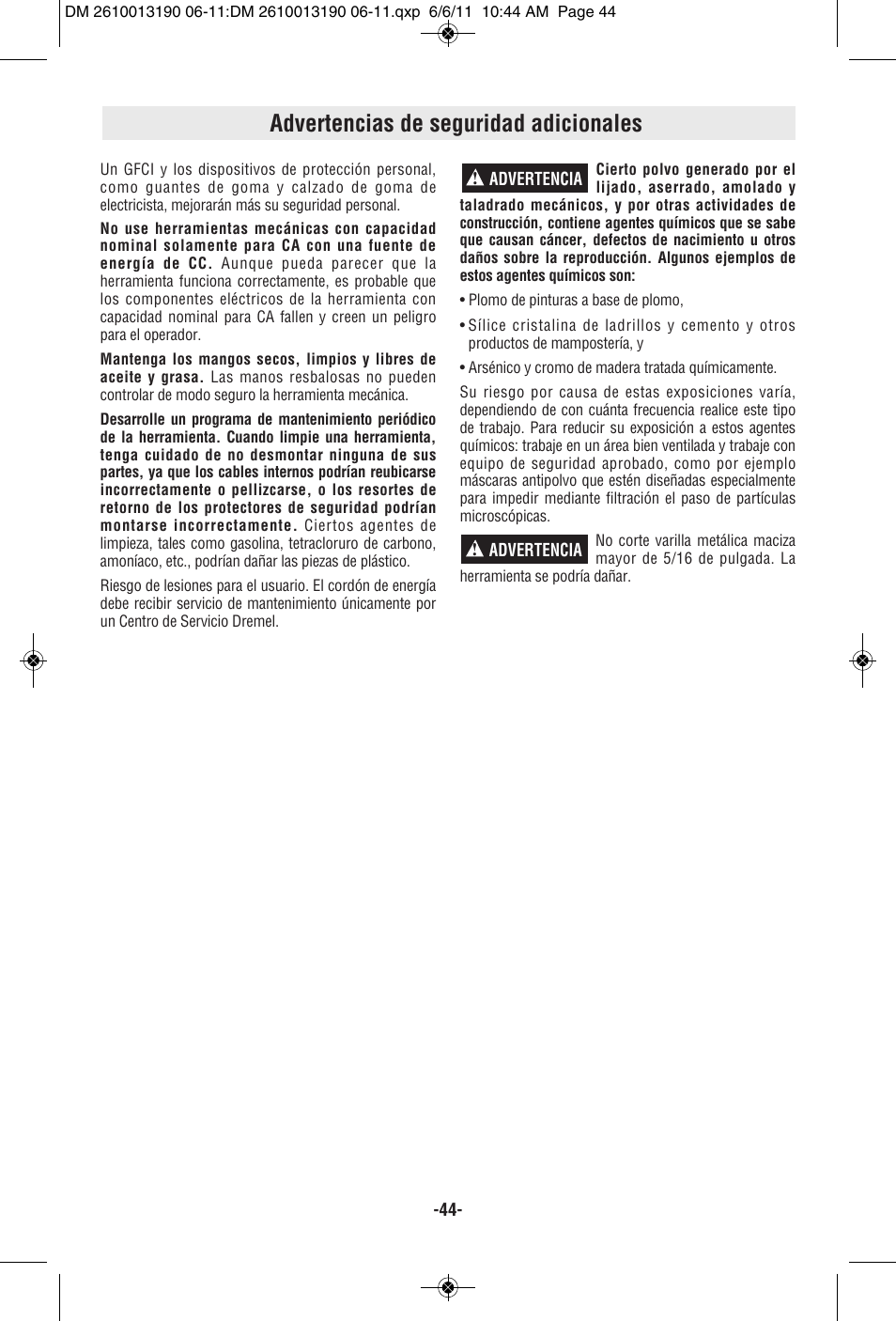 Advertencias de seguridad adicionales | Dremel SM20 User Manual | Page 44 / 60