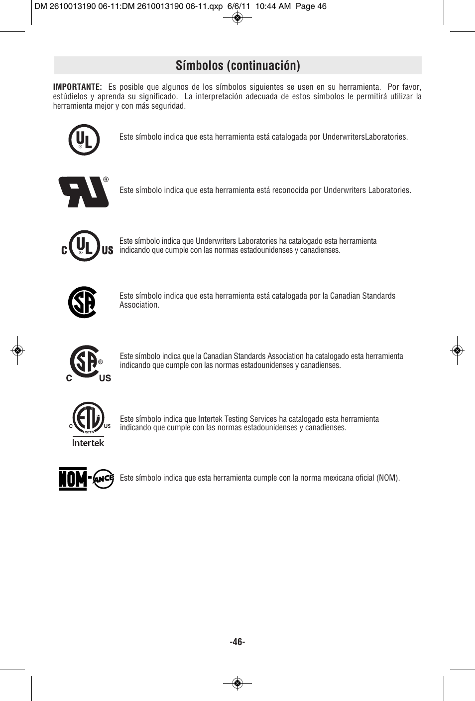 Símbolos (continuación) | Dremel SM20 User Manual | Page 46 / 60