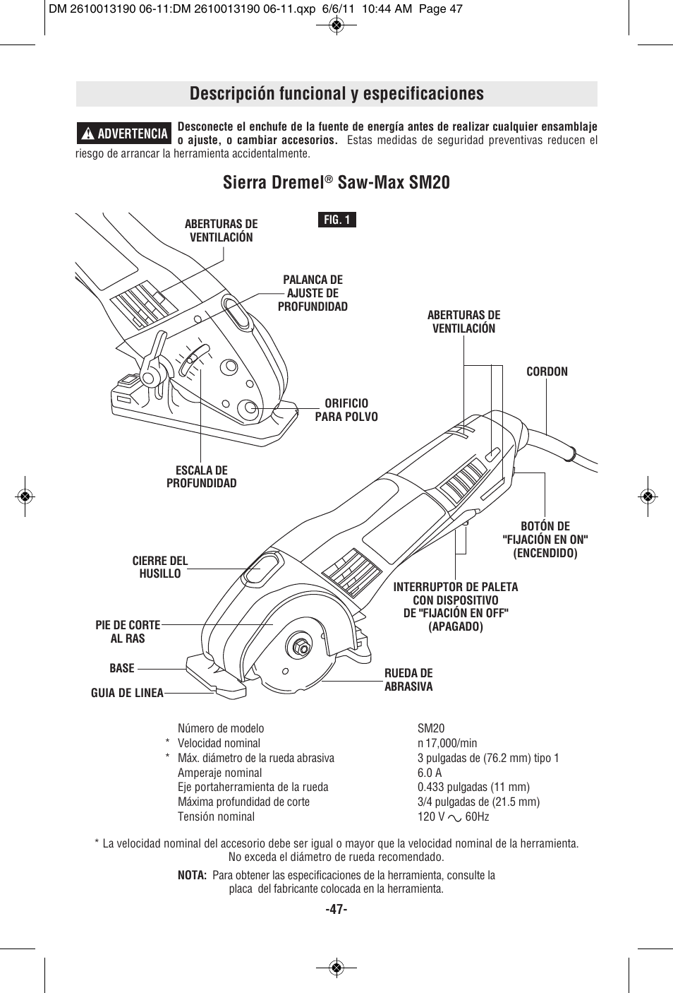 Descripción funcional y especificaciones, Sierra dremel, Saw-max sm20 | Dremel SM20 User Manual | Page 47 / 60