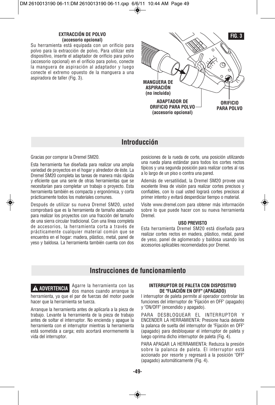 Introducción instrucciones de funcionamiento | Dremel SM20 User Manual | Page 49 / 60