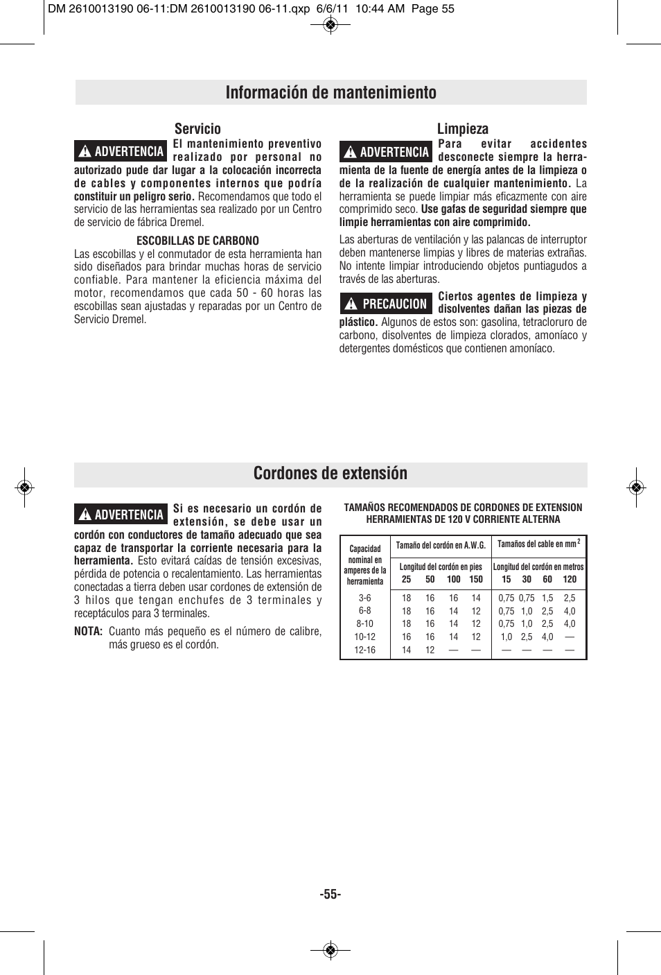 Cordones de extensión, Información de mantenimiento, Servicio | Limpieza, Advertencia, Precaucion ! advertencia ! advertencia | Dremel SM20 User Manual | Page 55 / 60