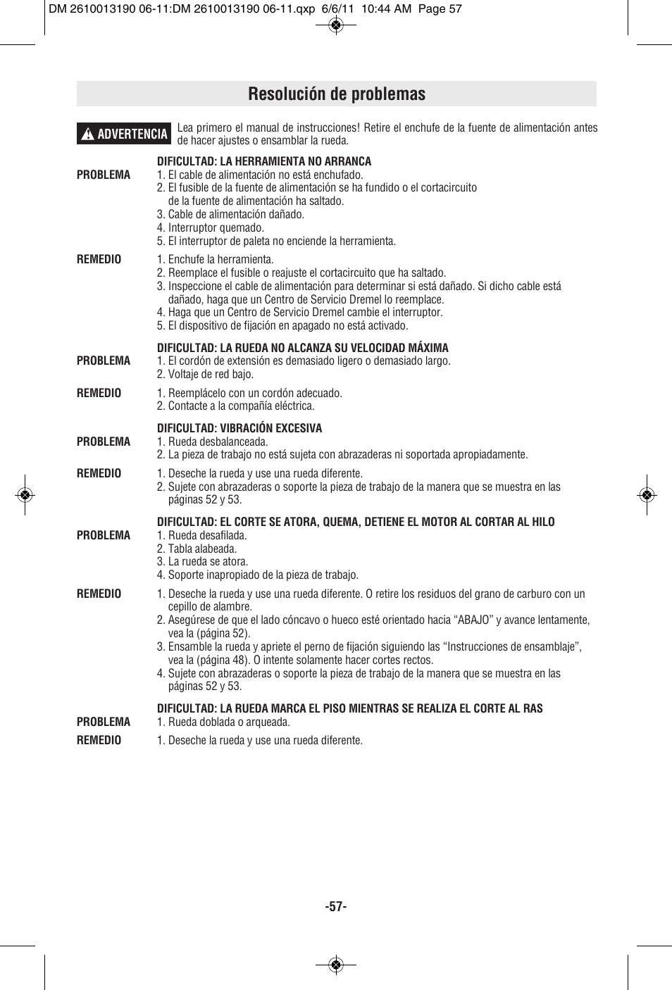 Resolución de problemas | Dremel SM20 User Manual | Page 57 / 60