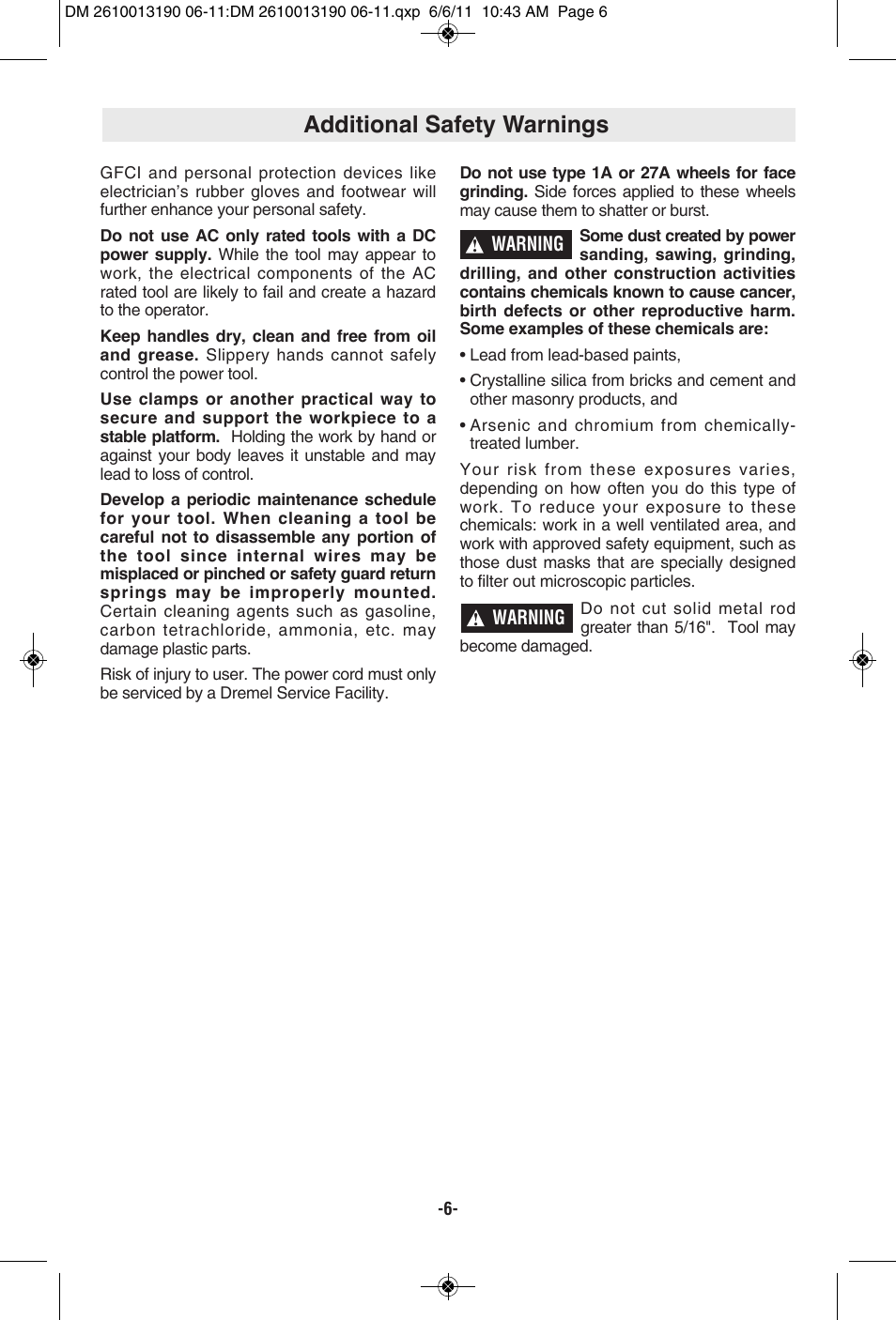 Additional safety warnings | Dremel SM20 User Manual | Page 6 / 60