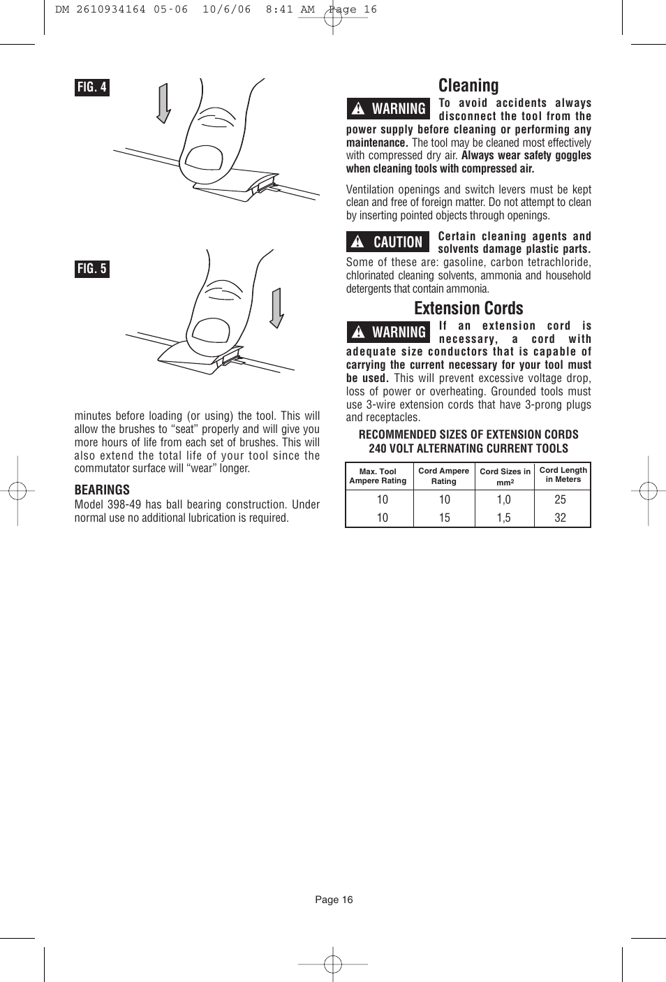 Cleaning, Extension cords, Caution | Warning | Dremel 400 SERIES DIGITAL 398-49 User Manual | Page 16 / 24