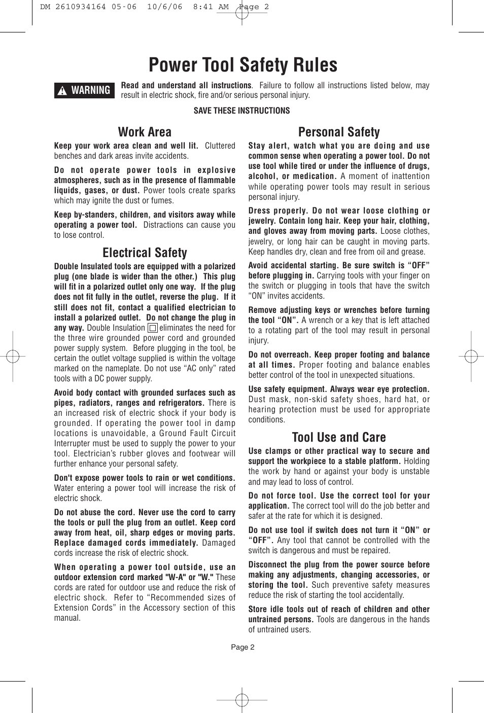 Power tool safety rules, Work area, Electrical safety | Personal safety, Tool use and care | Dremel 400 SERIES DIGITAL 398-49 User Manual | Page 2 / 24