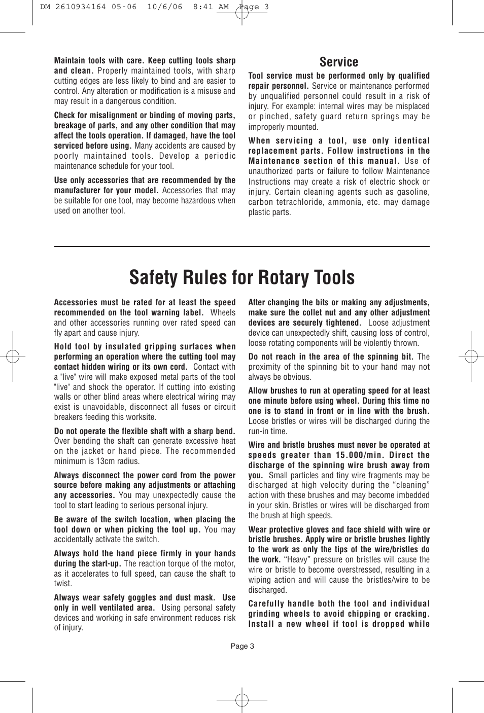 Safety rules for rotary tools, Service | Dremel 400 SERIES DIGITAL 398-49 User Manual | Page 3 / 24