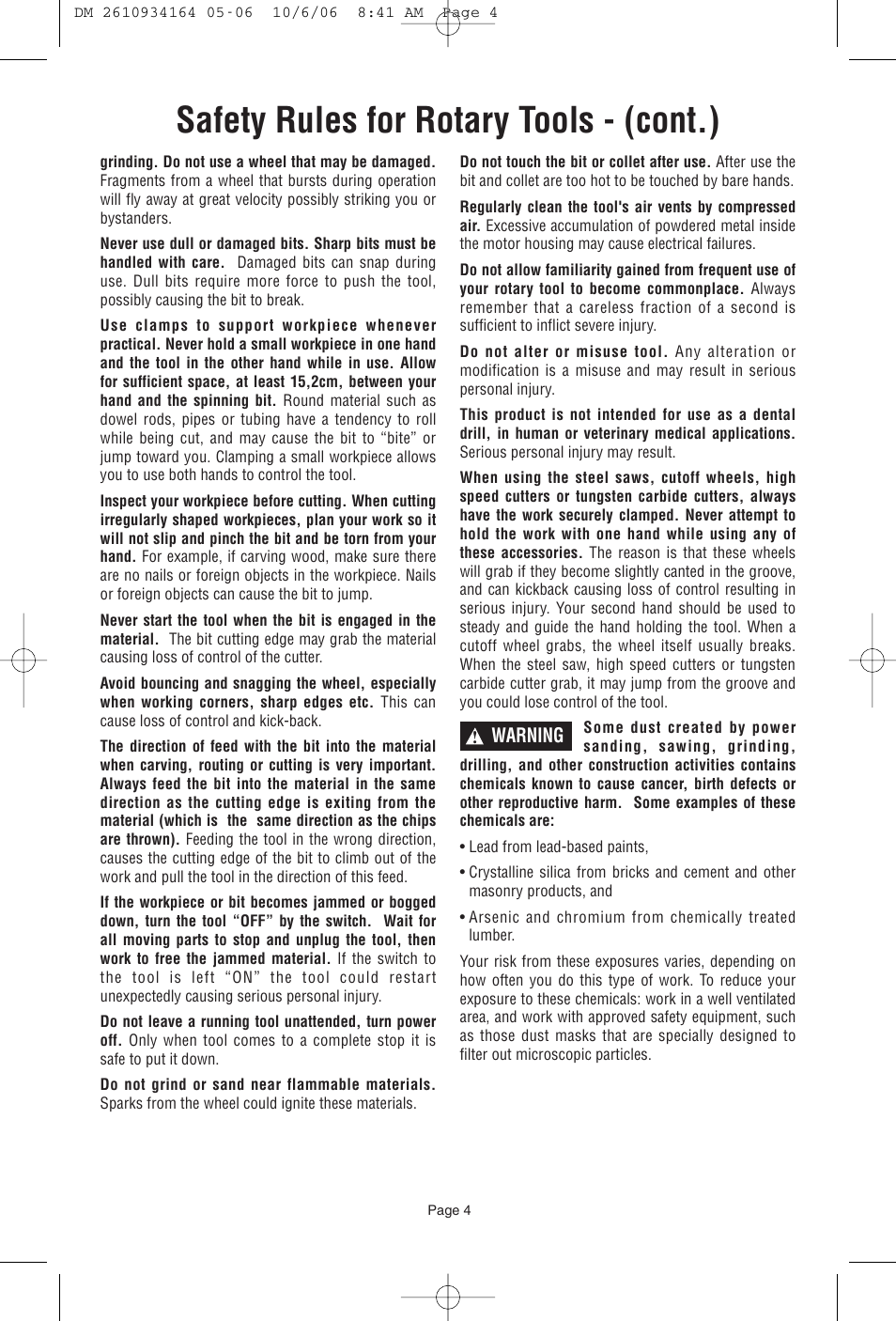 Safety rules for rotary tools - (cont.), Warning | Dremel 400 SERIES DIGITAL 398-49 User Manual | Page 4 / 24