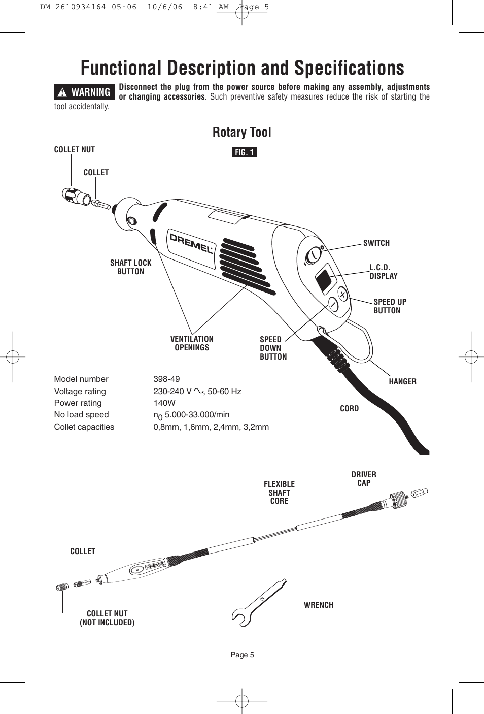 Functional description and specifications, Rotary tool, Warning | Dremel 400 SERIES DIGITAL 398-49 User Manual | Page 5 / 24