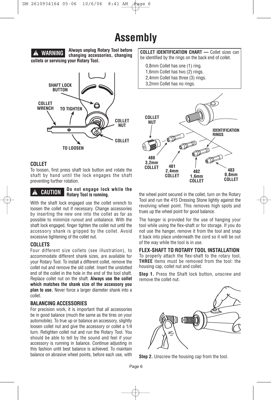 Assembly, Warning, Caution | Dremel 400 SERIES DIGITAL 398-49 User Manual | Page 6 / 24