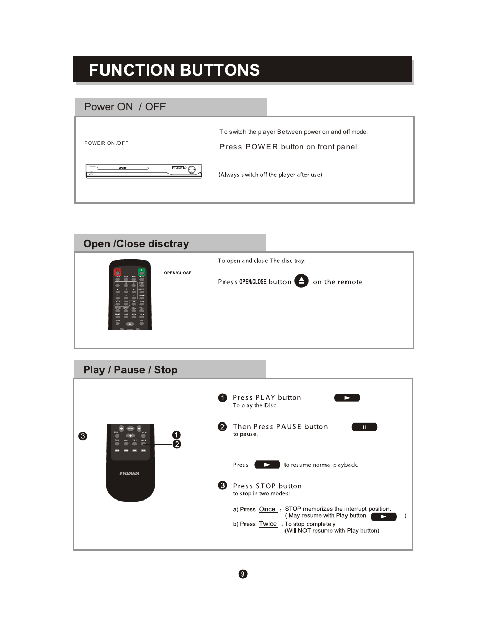 Power on / off, P res s p owe r button on front panel | Curtis SDVD1096 User Manual | Page 13 / 29