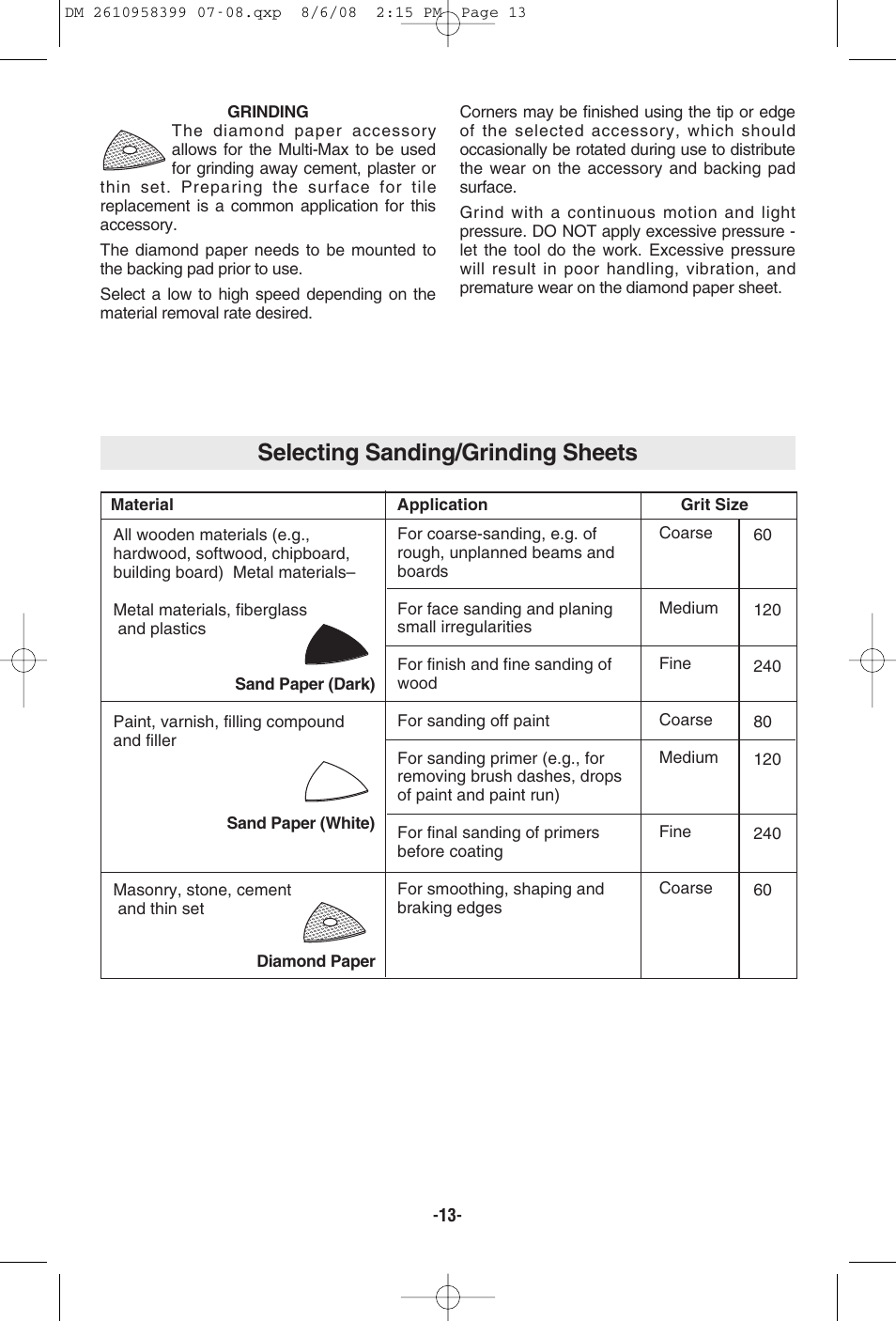 Selecting sanding/grinding sheets | Dremel 6300 User Manual | Page 13 / 52