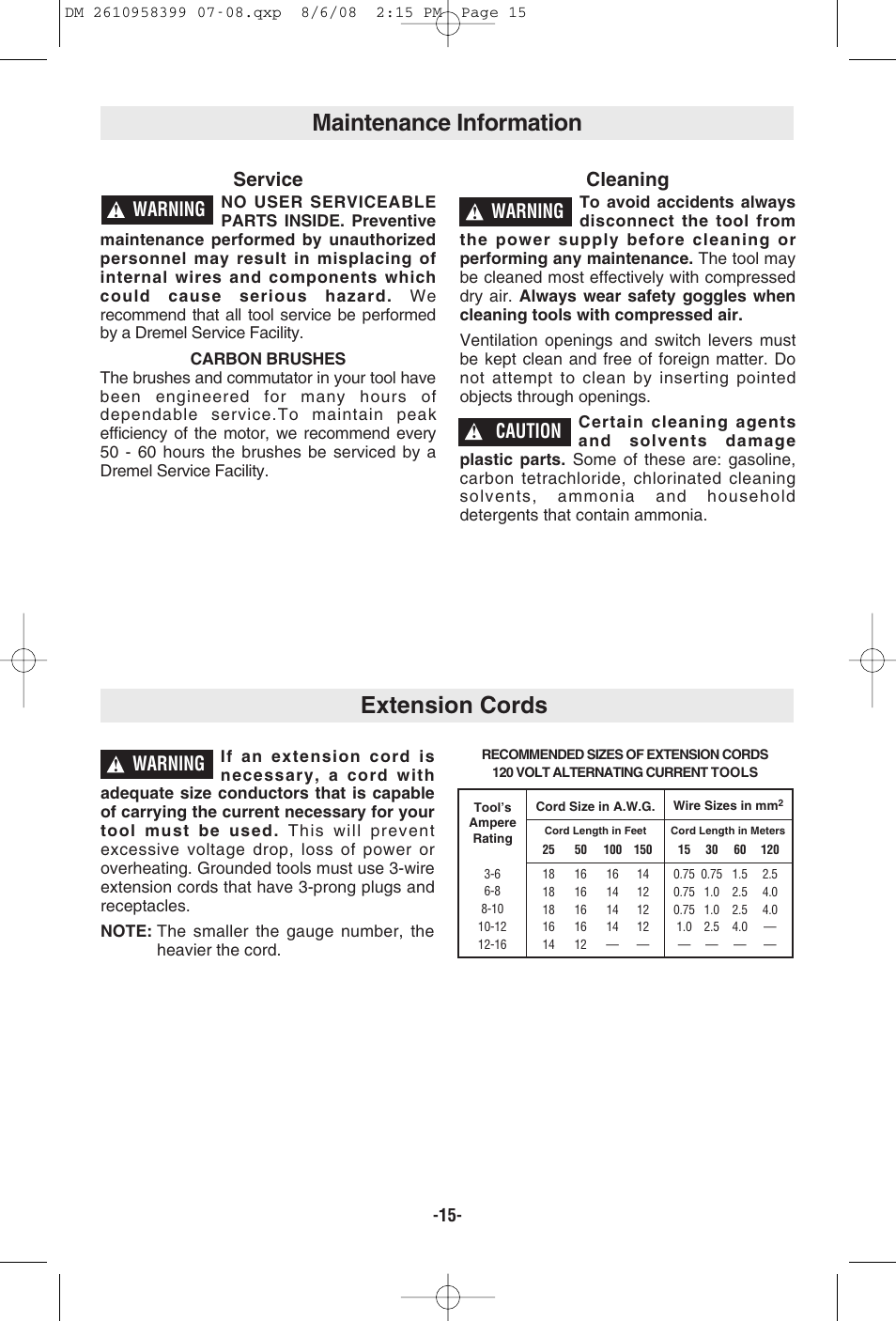 Maintenance information, Extension cords, Service | Cleaning, Warning, Caution | Dremel 6300 User Manual | Page 15 / 52