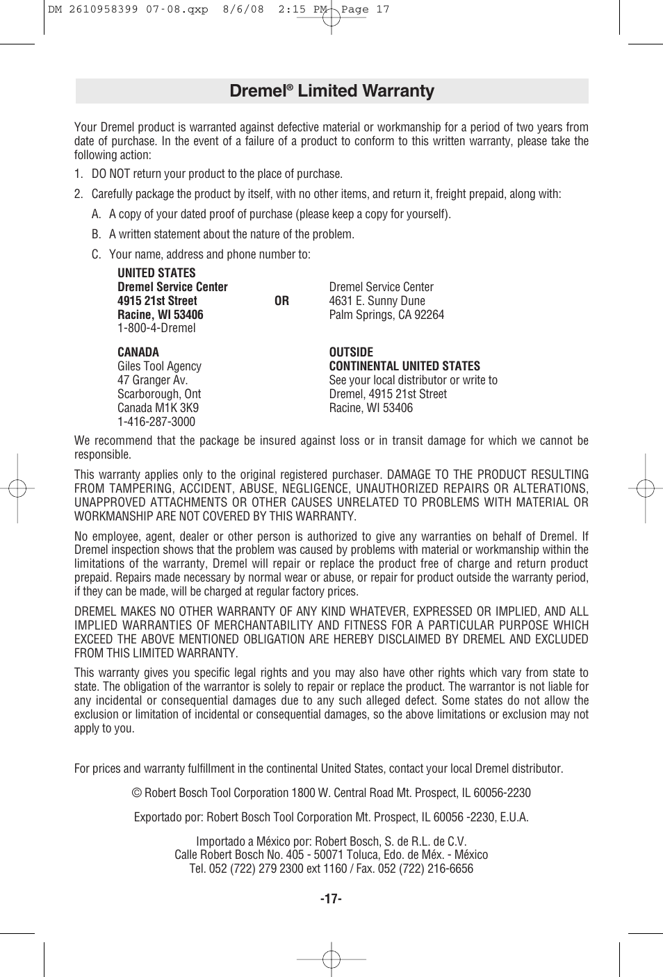 Dremel, Limited warranty | Dremel 6300 User Manual | Page 17 / 52