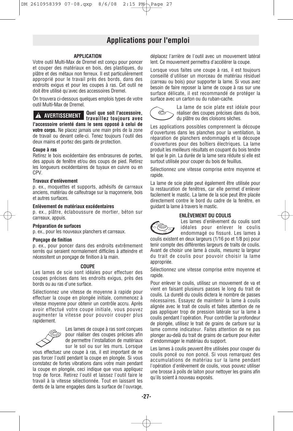 Applications pour l'emploi | Dremel 6300 User Manual | Page 27 / 52