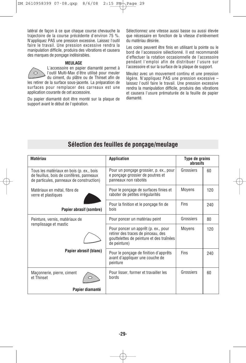 Sélection des feuilles de ponçage/meulage | Dremel 6300 User Manual | Page 29 / 52