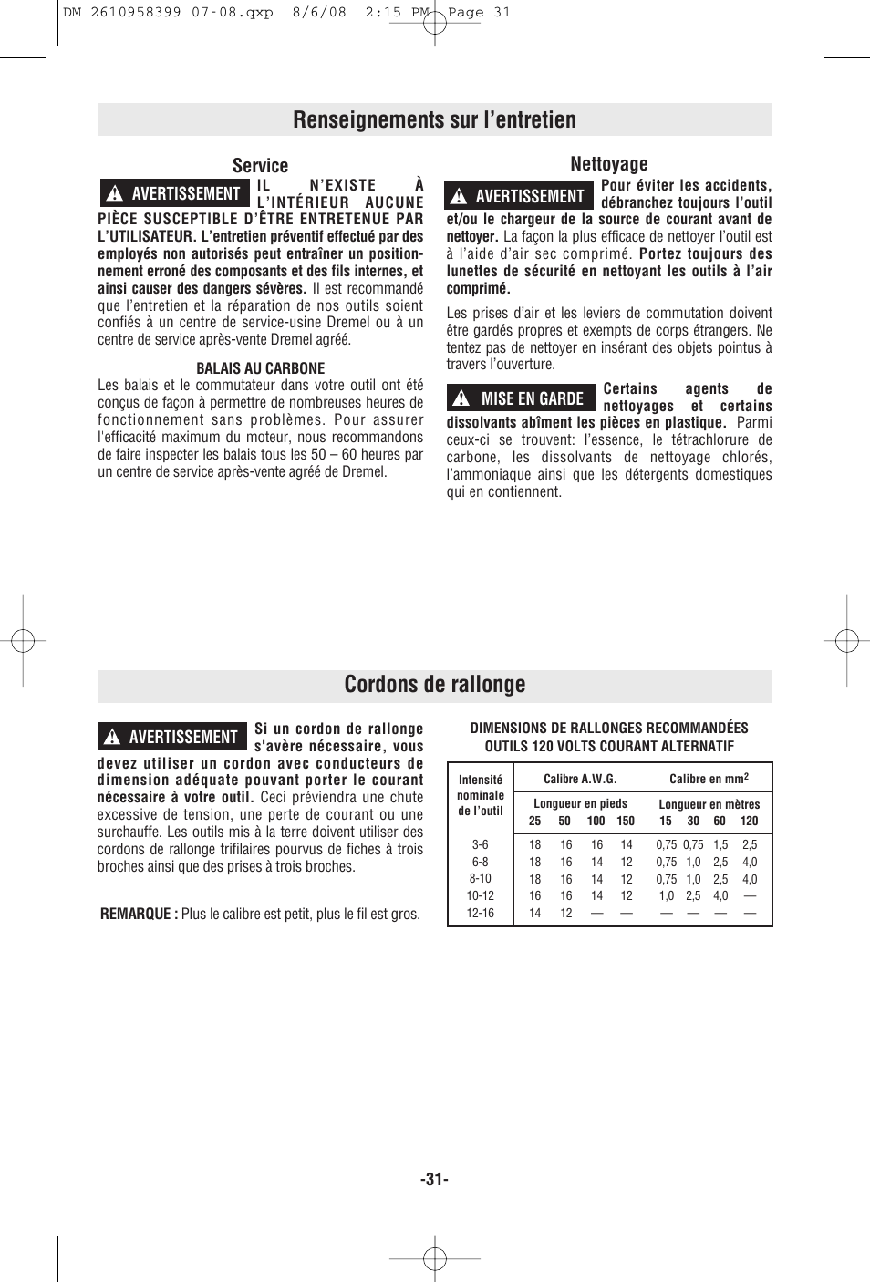 Renseignements sur l’entretien, Cordons de rallonge, Service | Nettoyage, Avertissement ! avertissement ! mise en garde, Avertissement | Dremel 6300 User Manual | Page 31 / 52