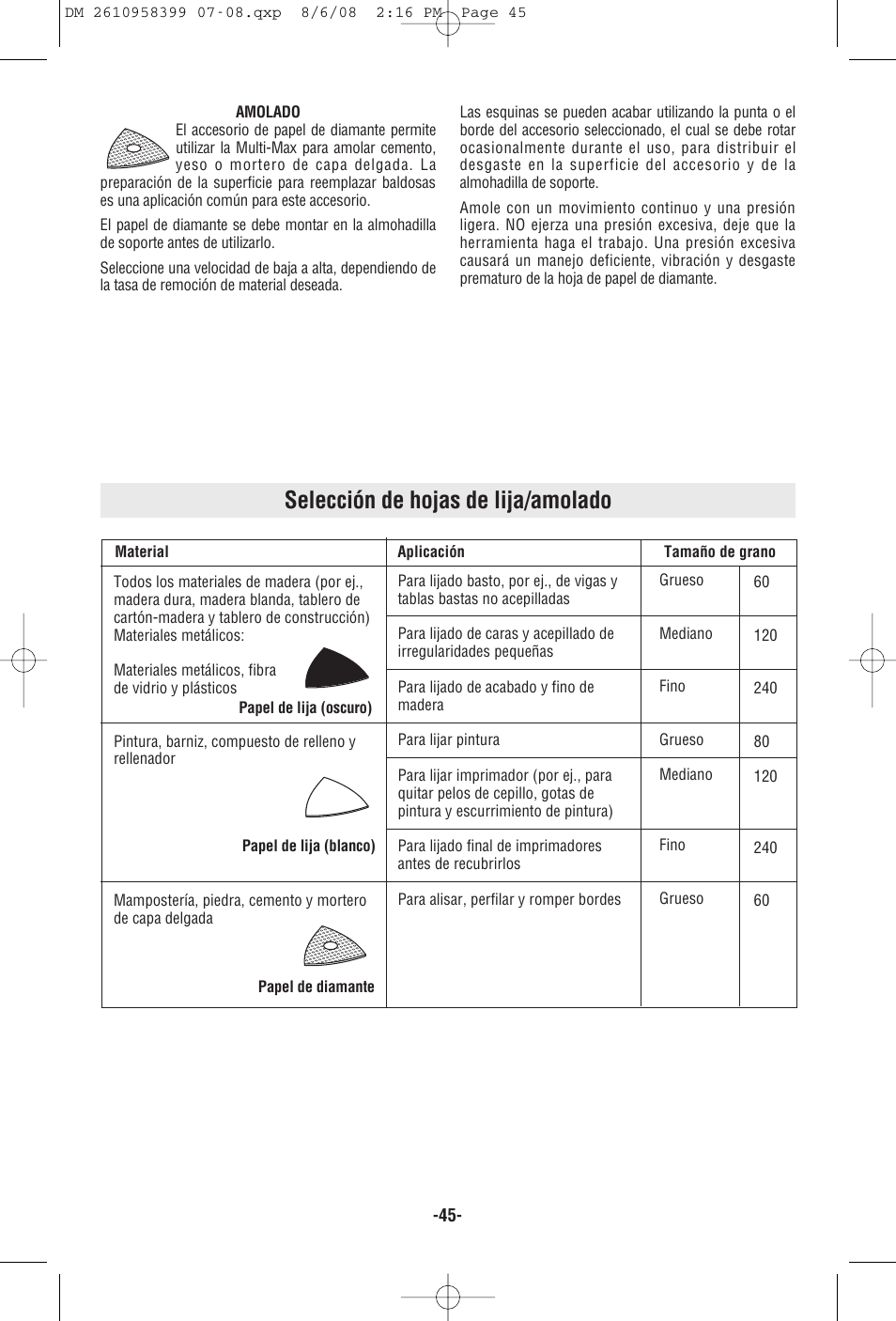 Selección de hojas de lija/amolado | Dremel 6300 User Manual | Page 45 / 52