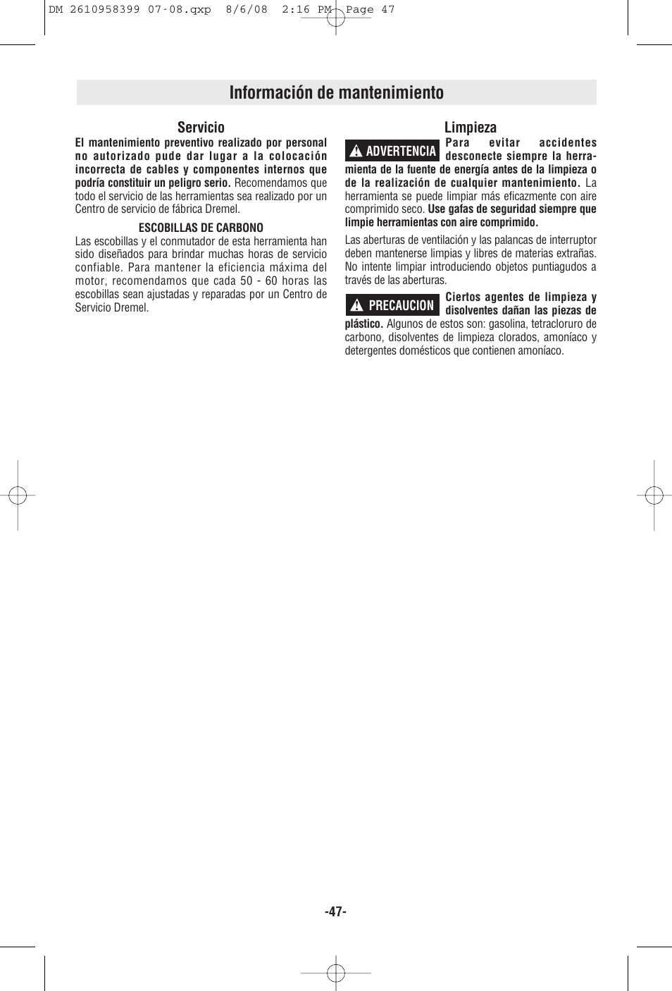 Información de mantenimiento | Dremel 6300 User Manual | Page 47 / 52