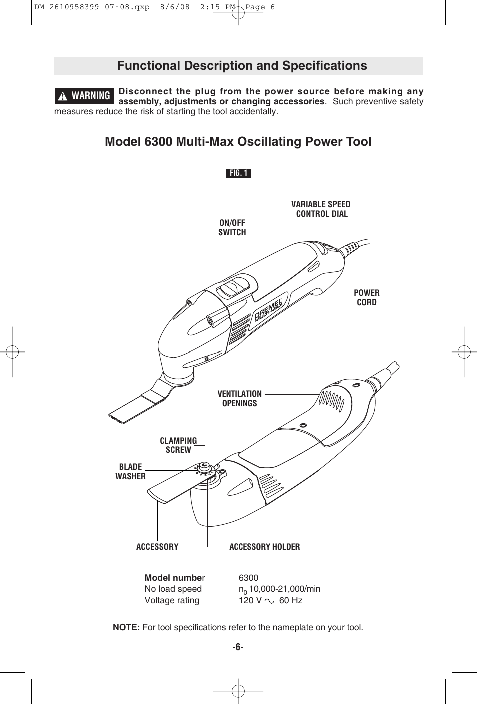 Functional description and specifications, Model 6300 multi-max oscillating power tool | Dremel 6300 User Manual | Page 6 / 52