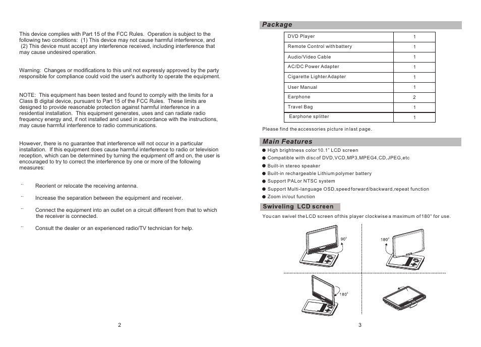 Ò³ãæ 3, Package, Main features | Curtis SDVD1048 User Manual | Page 3 / 14