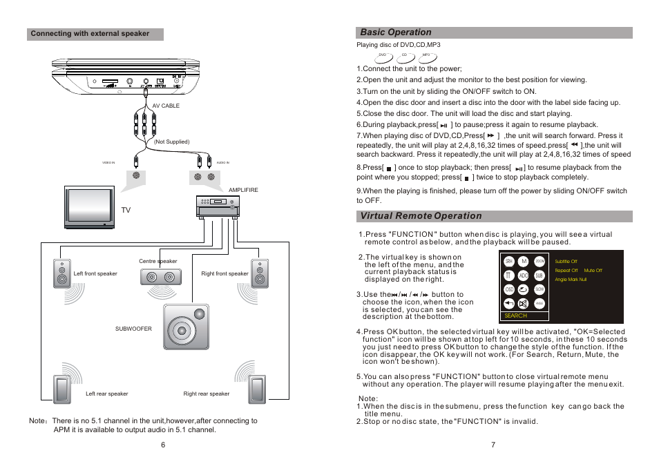 Ò³ãæ 5, Virtual remote operation, Basic operation | Curtis SDVD7003D User Manual | Page 5 / 9