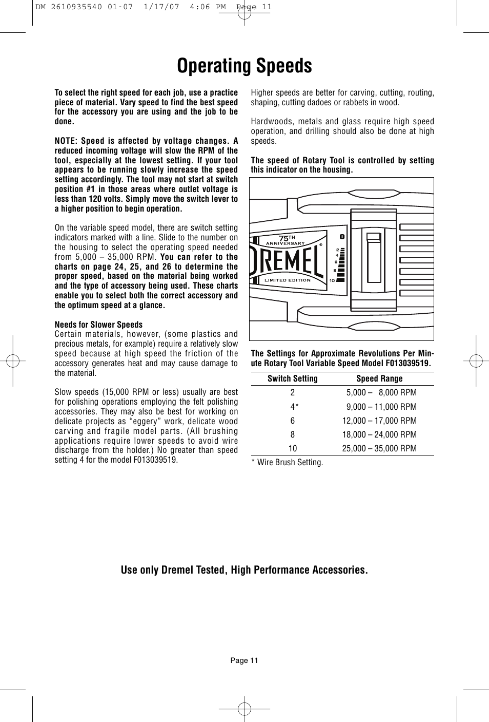 Operating speeds | Dremel F013039519 User Manual | Page 11 / 88